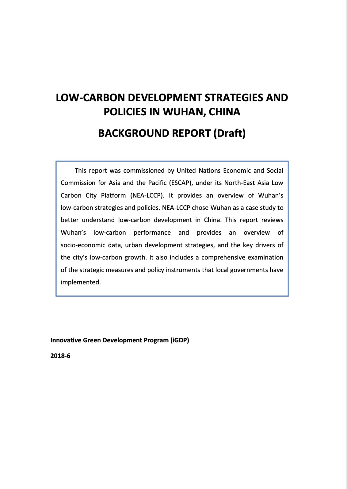 Wuhan Low Carbon Development Strategy and Policy Practices Background Report